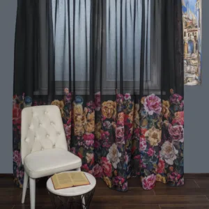 Perdea tip in negru,flori multicolore