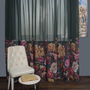 Perdea tip in verde, flori multicolore